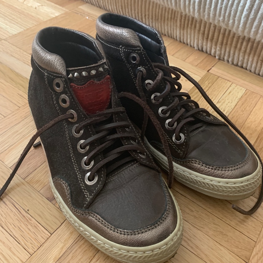 HTC brown leather and suede high tops with studs